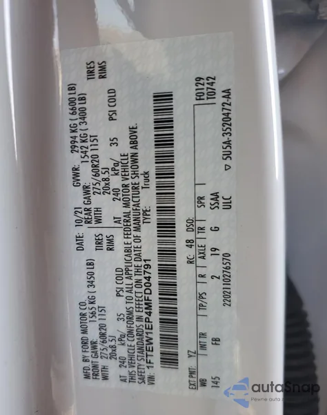 2021 Ford F150 Supercrew z USA, uszkodzony, nr VIN 1FTEW1EP4MFD04791